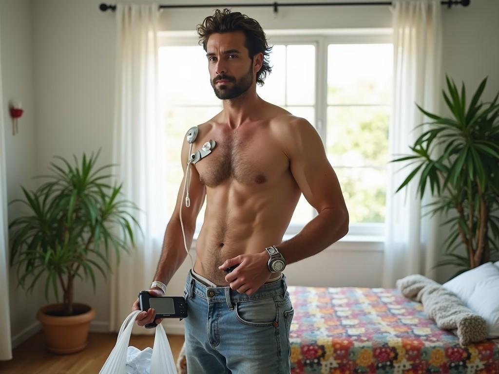 A man standing in a bright room with casual decor. He is shirtless, with a lean physique and a bit more hair on his head, giving a healthier appearance. He has medical equipment attached to him, indicating he might be in recovery. The man holds a medical bag in one hand while the other hand holds a device. There are plants in the corner of the room and a colorful bedspread that adds a cozy atmosphere.