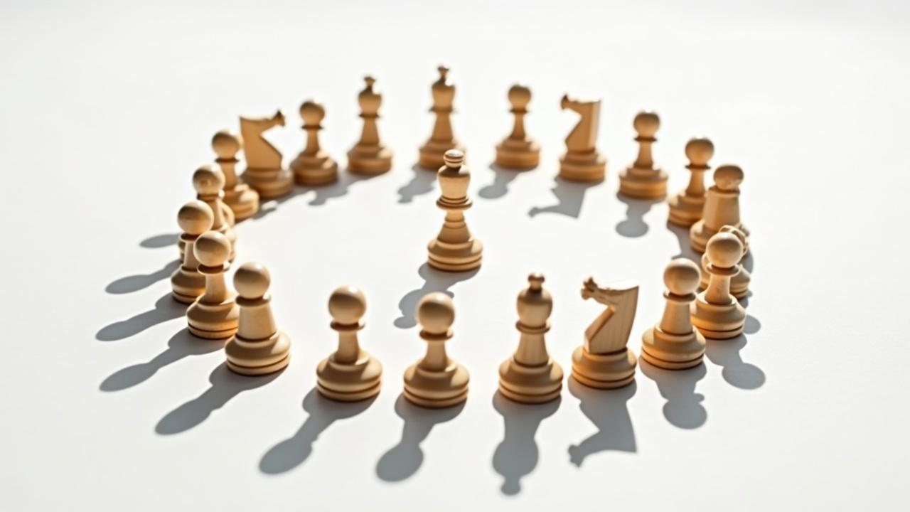 A circular arrangement of wooden chess pawns on a white surface. Dramatic shadows forming the shape of a king chess piece. Suggests themes of potential, transformation, and growth.