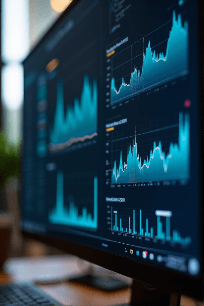 A computer screen displays multiple financial graphs and charts with blue and teal lines.