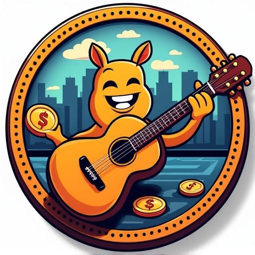 Meme MODA coin with music inspired background known as the MoTown Coin. The animated smiling cartoon guitar holds a coin with a skyline backdrop of Detroit