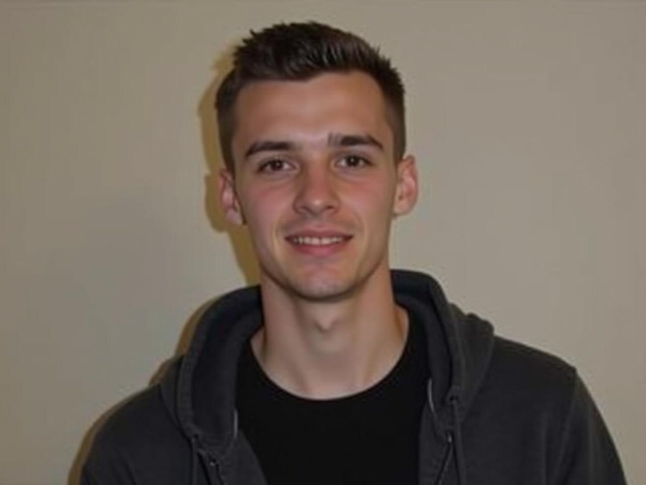 The subject is wearing a dark hoodie and a black t-shirt underneath. The lighting in the background is soft and neutral, creating a calm atmosphere. This image resembles a casual portrait captured indoors, likely taken from a close distance. The person's hairstyle is neat and well-kept, adding to the overall tidy appearance. The lack of any distracting elements in the background allows the viewer to focus on the attire and general vibe of the subject.