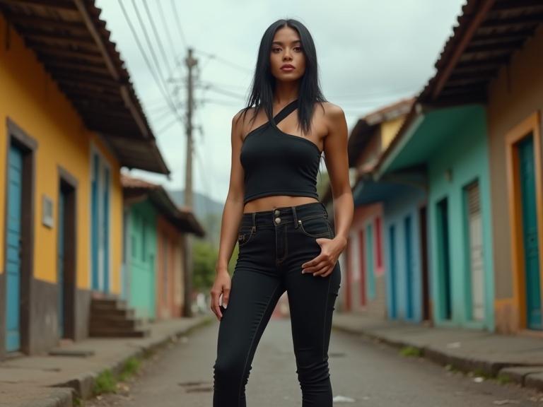 A confident woman stands on a street in a favela. She wears a halter top and skinny jeans. Her hair is straight and dark. The background features colorful buildings typical of a Brazilian neighborhood.