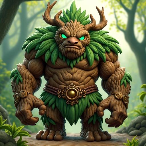 Design a fantasy cartoon-style monster toy. This is Grand Oakheart, the leader of the Tribe of the Forest. He has a huge tree-like body with bark armor and a wooden mask face. Eyes glow green with leaf tribal symbols. No realistic features, no visible muscles or skin. Large branch-like arms with royal elements. Chest emblem resembles an acorn, crowned with vines. Use cartoonish PVC style with hard plastic textures and glossy paint. Color palette includes earthy brown, forest green, and touches of gold.