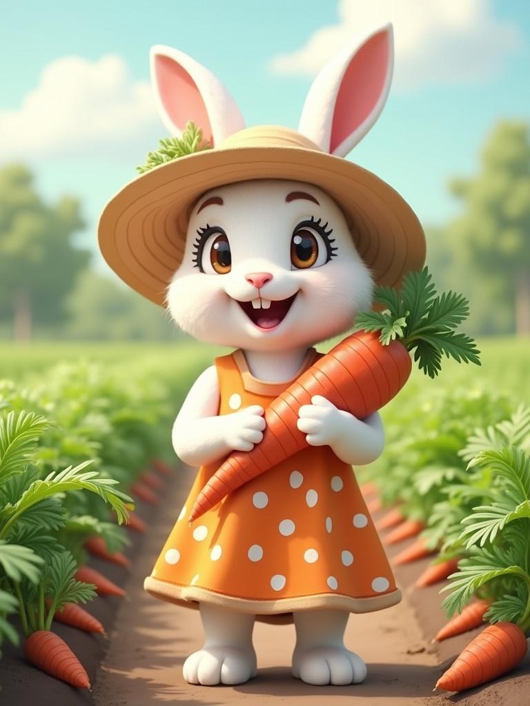 Cheerful female rabbit dressed in orange polka-dot dress and sun hat. She is holding colorful carrots. Standing beside rows of carrot plants. Bright sunny weather with playful tone.