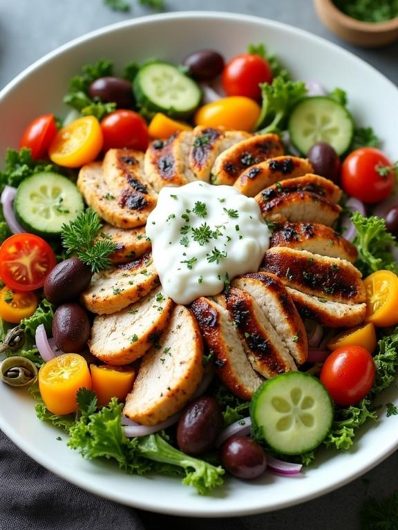 The image depicts a vibrant colorful salad in a wide shallow white bowl. Grilled chicken breast slices topped with yogurt sauce. Cherry tomatoes scattered in red and orange. Thick cucumber slices present. Sliced yellow bell peppers mixed in. Thin red onion slices added. Whole dark olives included. Base of mixed dark and light green leafy greens. Garnished with sprigs of parsley.