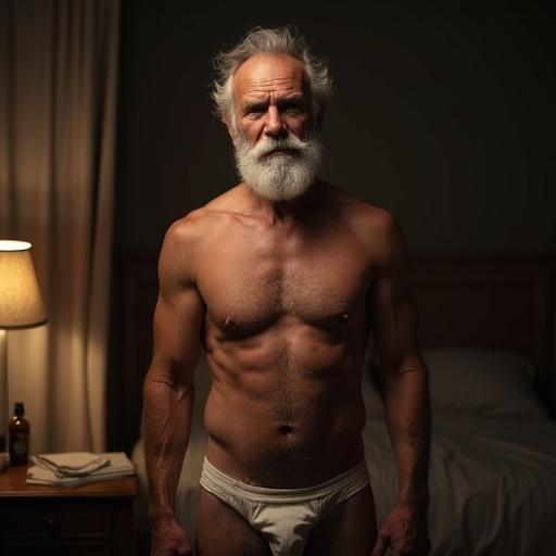A fit elderly man with a hairy body standing shirtless in a warm, softly lit bedroom at night. He is wearing a soft brief. High-quality portrait with detailed textures.