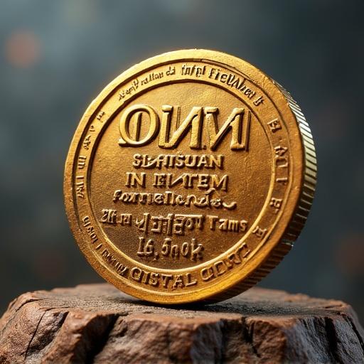Image of a gold coin labeled BONK. The coin features intricate designs and is positioned on a wooden surface. The background is softly blurred to enhance focus on the coin.