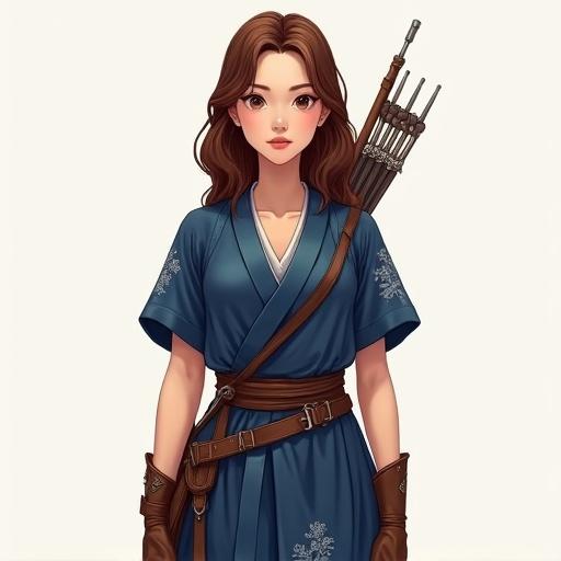 Full-body view of a female fantasy scout named Clarisse. She has smooth porcelain skin and medium-length chestnut brown wavy hair. Warm hazel eyes hint at Japanese heritage. She wears a deep indigo kimono-inspired outfit with silver embroidery. The outfit includes short sleeves and side slits for mobility. A fitted waist with a sash highlights her silhouette. She carries a longbow, wearing a protective armguard. The background is simple and bright to emphasize the character.