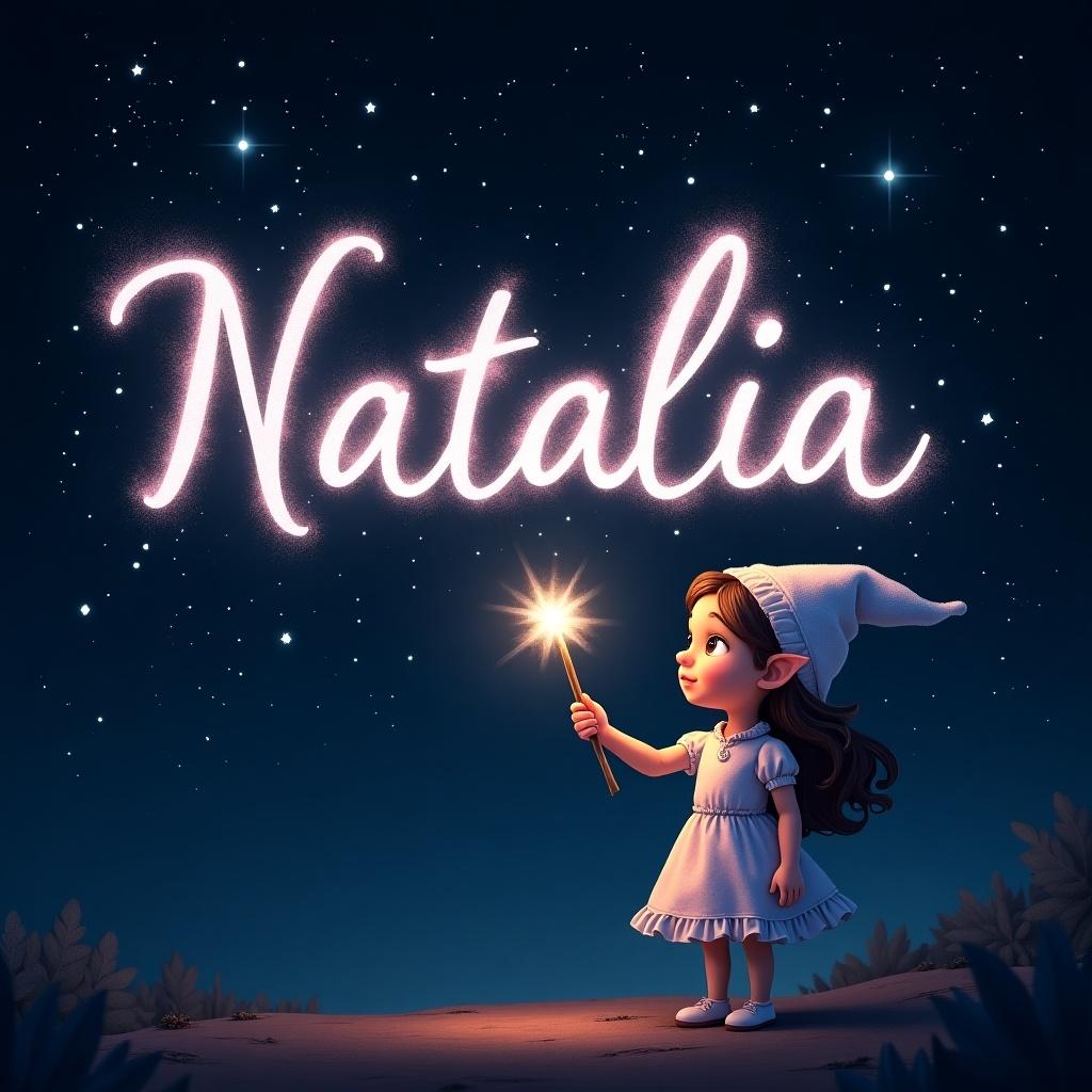 A girl elf is using a magical wand to write names in sparkling text against a starry night sky. The names 'Natalia' is elegantly crafted with a glowing effect. The background is dark, allowing the white and light pink letters to stand out vividly. The scene conveys a sense of magic and wonder, resembling a whimsical fairy tale. It captures the imagination, inviting viewers into a fantasy world.