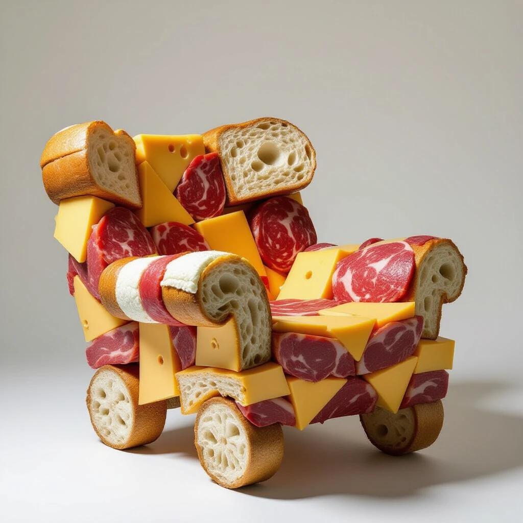 Surreal chair composed of layered food elements like bread cheese and meat. Photographed in a minimalist studio setting with soft lighting to emphasize textures and details. The design showcases a creative fusion of food and functional art.