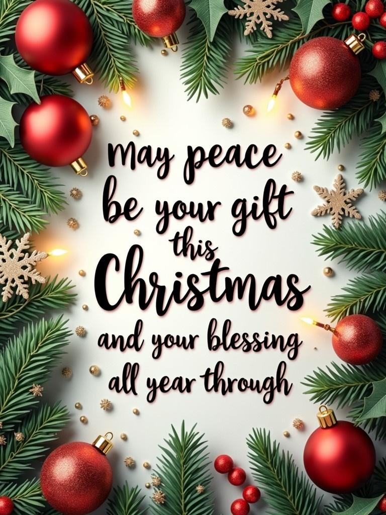 Decorate text with festive decorations. Surround words with colorful ornaments, twinkling lights, and holly leaves. Add playful snowflakes falling around the text. The message is a blessing for Christmas.