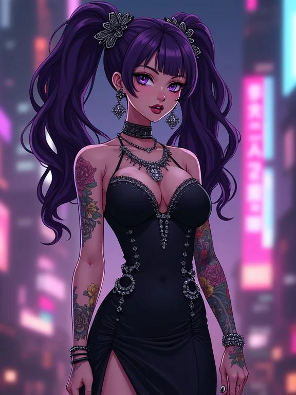 Anime character in a futuristic setting. Young woman with dramatic amethyst purple hair and numerous tattoos. Dressed in an extravagant sexy black dress. Elegant fashion accessories. Modern night city background. Influential fashion statement. High class and edgy appearance.