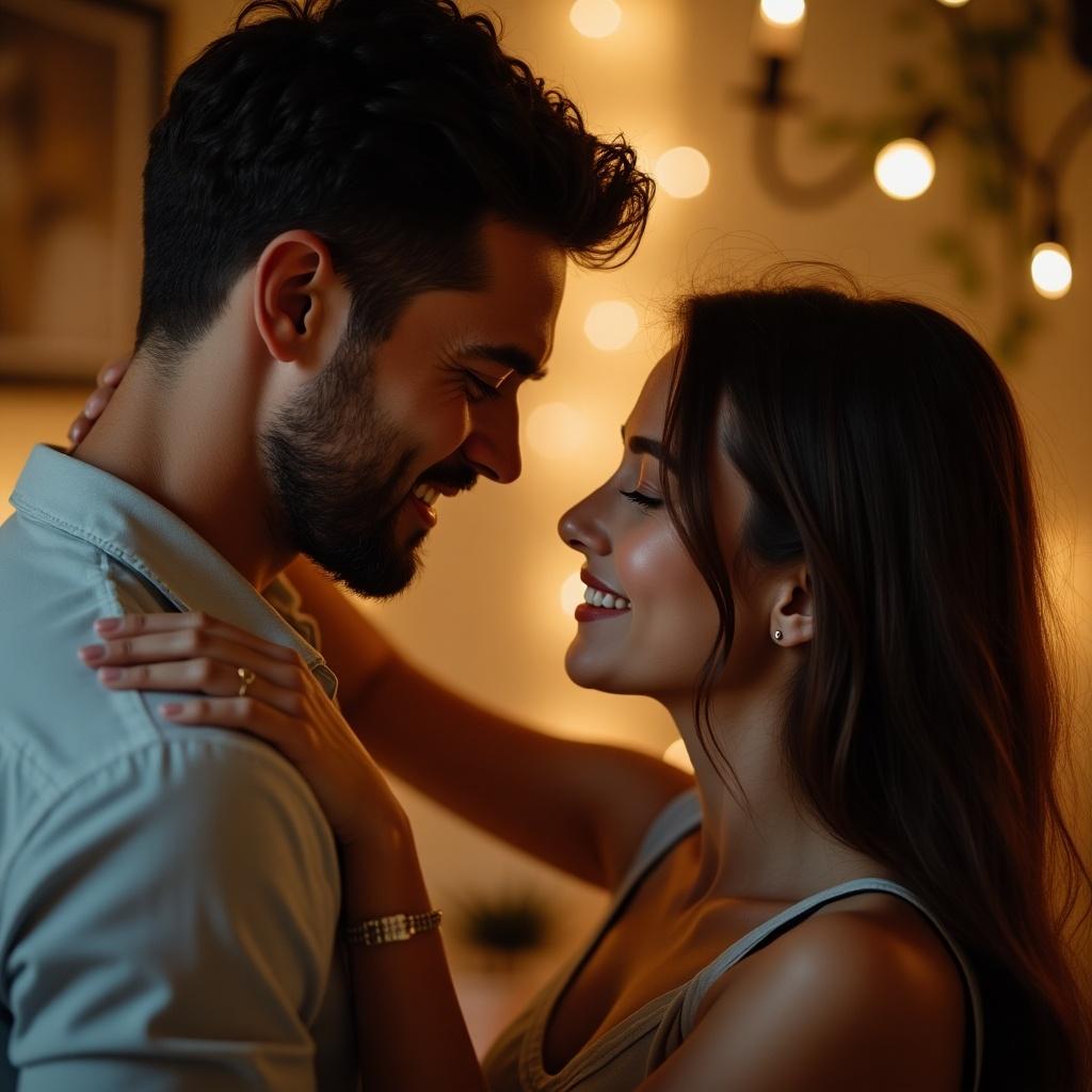 A man and a woman share a tender moment, smiling at each other. The man is gently touching the woman's upper shoulder, creating an intimate atmosphere. Their faces are close together, reflecting feelings of love and affection. The warm, soft lighting enhances the romantic mood in the room. This scene captures the beauty of their relationship in a cozy setting.