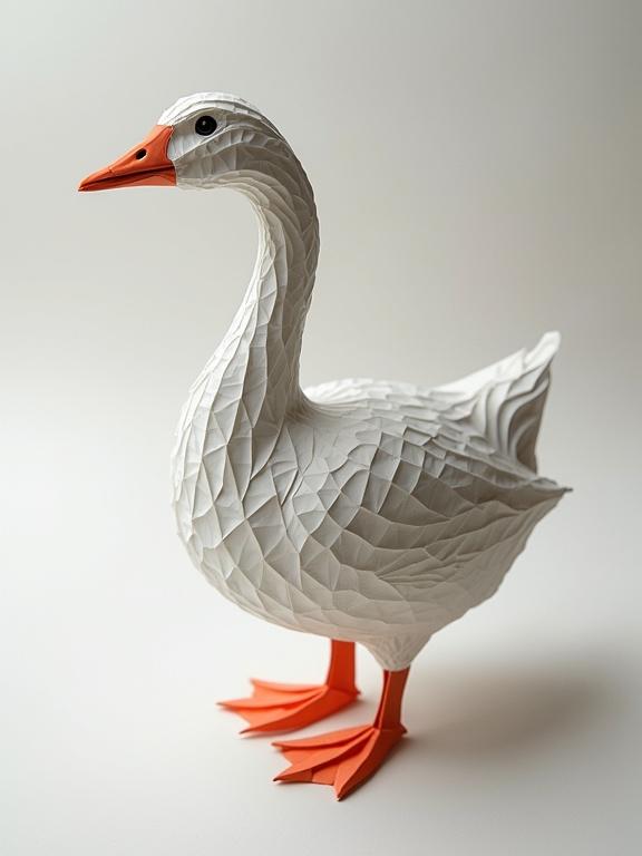 Goose sculpture made of origami. Features intricate designs created with traditional Japanese paper folding techniques. Soft lighting highlights the textures. The goose stands with an orange beak and feet, showcasing artistry in folded paper.