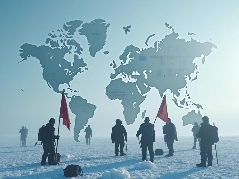 Symbolic scene blending human achievement and hidden motivations in Antarctica. Heroic explorers plant flags and conduct research in the foreground. Ghostly overlays of world leaders and maps hint at deeper stakes. Cold, cinematic atmosphere.