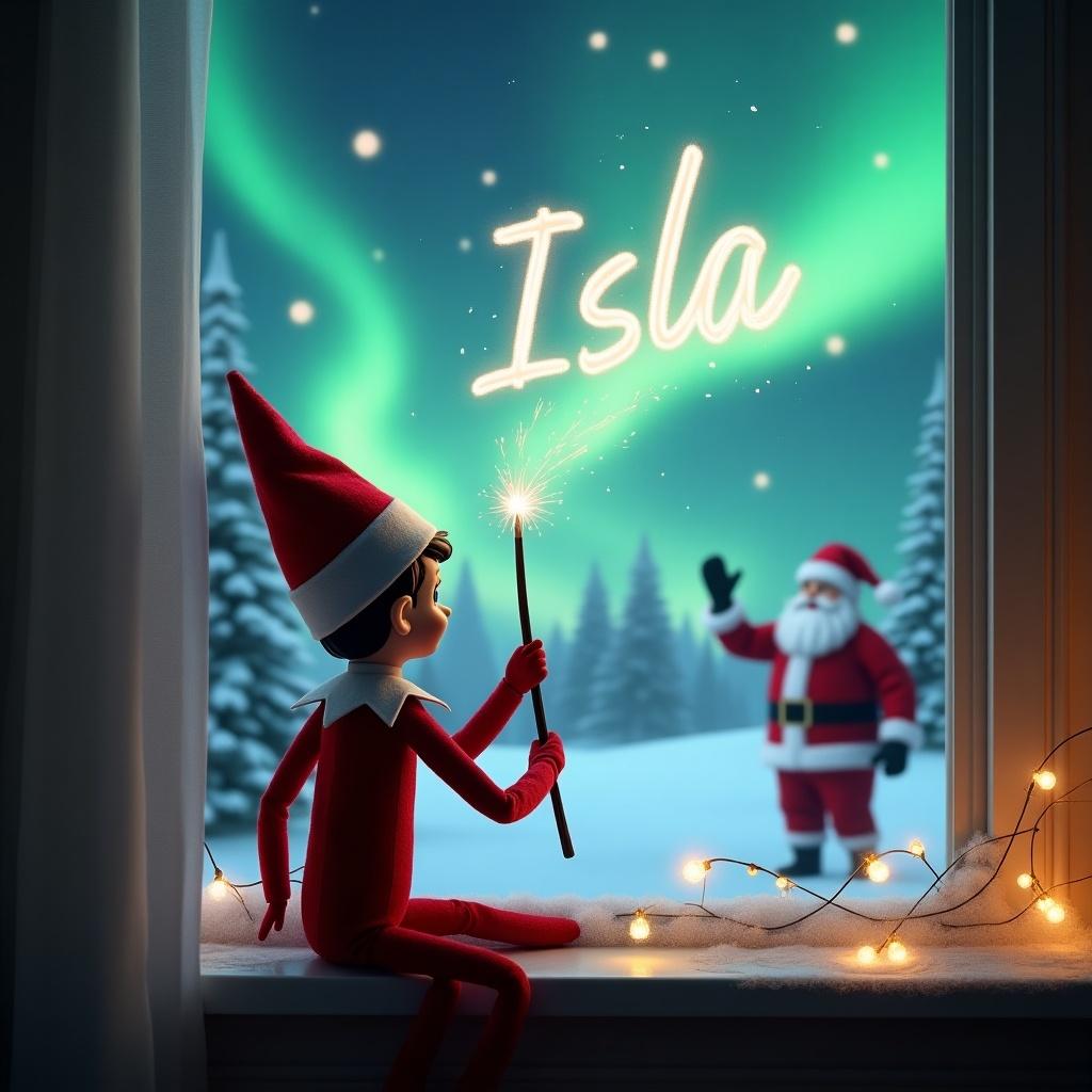 The image depicts an enchanting Christmas scene. An elf on the shelf sits on a windowsill, facing the outdoors. With a magical wand, the elf is writing the name 'Isla' in the sky. The background features a beautiful display of northern lights. Santa Claus is seen in the distance, adding to the holiday spirit.