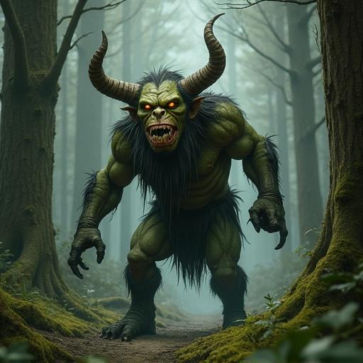 A large troll stands in a dense forest. The troll has horns and green skin. Thick fur covers its chest. Forest surroundings are rich in trees. The atmosphere feels dark and mysterious.