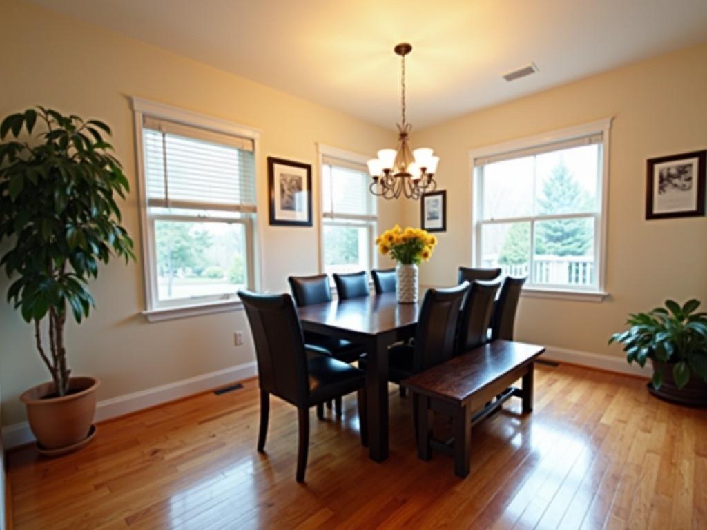 This is a cozy and inviting dining room with a simple and elegant design. The floor is made of polished wood, reflecting the warm light from the chandelier above. The table is dark wooden with several black leather chairs around it, perfect for family dinners. On one side, there is a small wooden bench that complements the table. One corner of the room features a tall plant, adding a touch of greenery to the space. There are two large windows that let in natural light, making the room feel bright and airy. Two framed pictures hang on the walls, enhancing the decor. The overall color scheme is warm and neutral, making it a perfect gathering space.