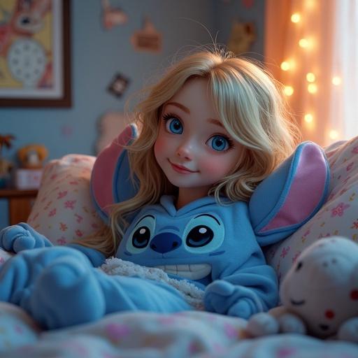 Cinematic portrait of 17 year old girl in bed with Stitch memorabilia. Cozy blue pajamas with Stitch's face. Long blonde hair and bright light blue eyes. Surrounded by plush toys and decorations. Soft pastel walls and warm lighting for dreamy atmosphere.