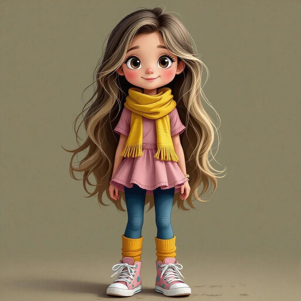 A young girl character with long dark blond hair. Wearing a yellow neck-scarf with dark pink shirt and pink skirt. Blue tights and yellow legwarmers. Muddy pink converse sneakers. No background.
