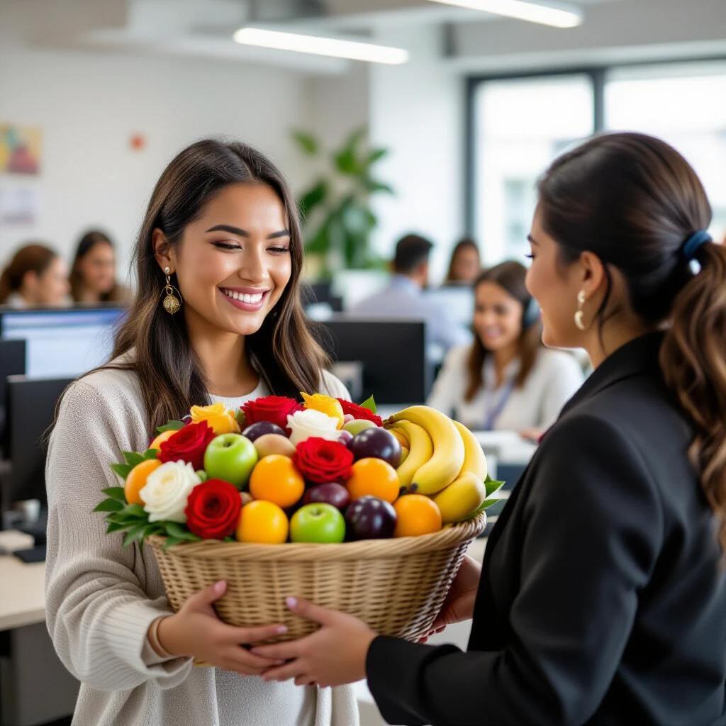 A woman with indigenous features smiles while giving a large basket filled with fruits and roses to another woman in an office setting. The basket includes apples, oranges, pears, bananas, plums, and peaches. The receiving woman is older and also smiles. The background showcases an office with people working at computers.