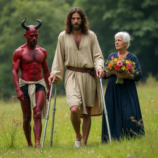 Realistic adult Caucasian man portraying Jesus Christ aged about 30 years with a beige tunic leaning on crutches. Next to him is a red-painted adult man depicting the Devil with horns. Beside them, an elderly woman holding a bouquet of flowers. Setting is green grassy field with trees. Composition focuses on Christ with crutches. Soft natural lighting creates a dramatic atmosphere.