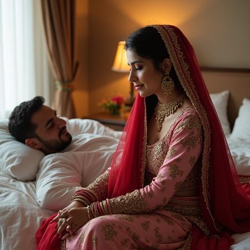 Pakistani lady in traditional dress sitting on a bed beside her husband. Soft lighting creates an intimate atmosphere in the bedroom.