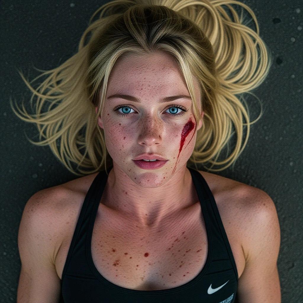 Cinematic close-up portrait of a blonde female street fighter with blue eyes. Exhausted and tired. Bloody nose and sweat. Lying on a textured olive-toned floor. Body angled diagonally and head tilted slightly. Lips parted. Wearing a black sports bra. Conveys intimacy and vulnerability. Shot with high-quality equipment.