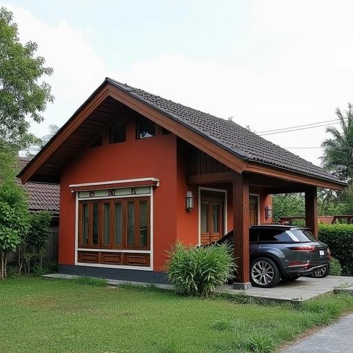 Minimalist single-story house with a red tiled roof typical of Indonesia. Left side features a terrace and right side has a concrete garage with a car on it.