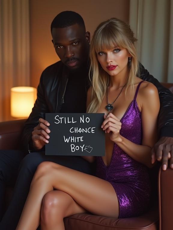 A woman with long blonde twintails, wearing a sparkly purple dress, sits on a couch beside a man. They are in a motel room, holding a sign that says 'still no chance white boys'. She smiles while he holds her close.