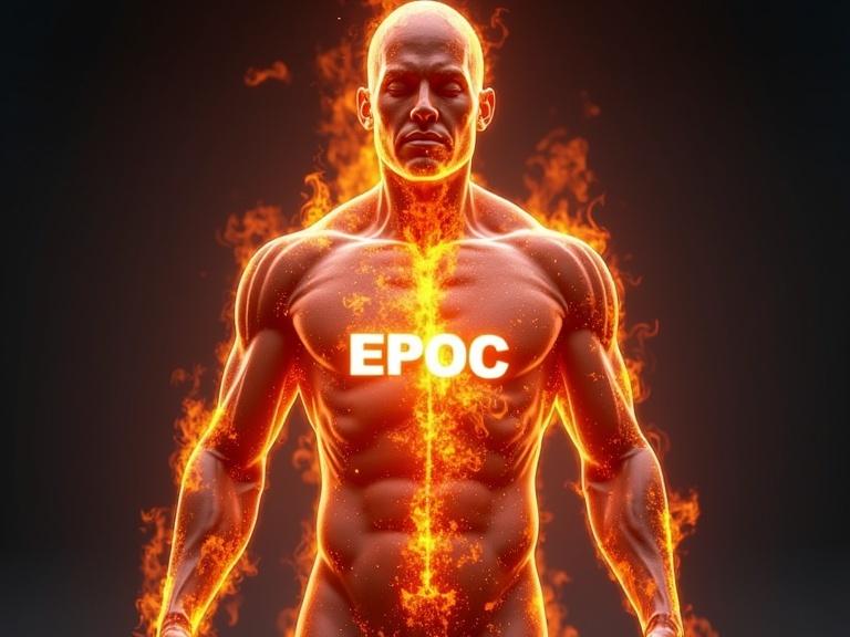 Scientific illustration displaying a muscular body with flames inside. The torso has the word 'EPOC' glowing prominently. A visual representation of increased calorie burn after exercise is shown. The background is dark to enhance the fiery effect.