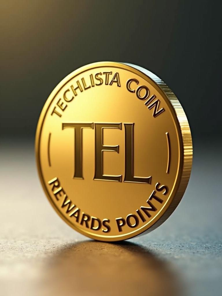 Gold-colored coin stands upright on a smooth surface. Large 'TEL' symbol. Inscription reads 'TECHLISTA Coin' - Rewards Points. Reflects soft light.