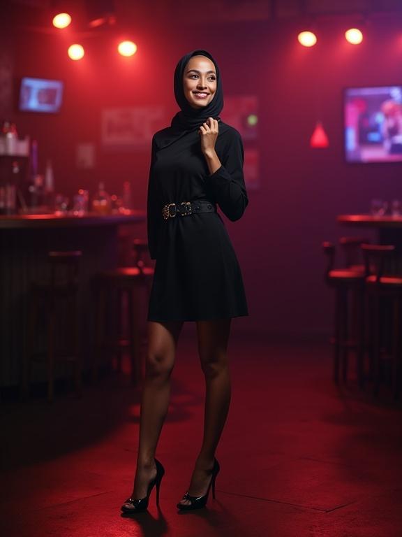 A confident woman wearing a hijab stands in an empty nightclub. She wears a stylish minidress and high heels. The scene is illuminated by soft, colorful lights. Her demeanor exudes confidence and elegance.