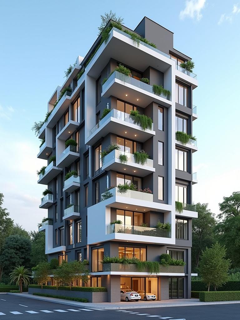 Elevation design for a G+2 floor building facing west. Modern architecture includes balconies and surrounding greenery.