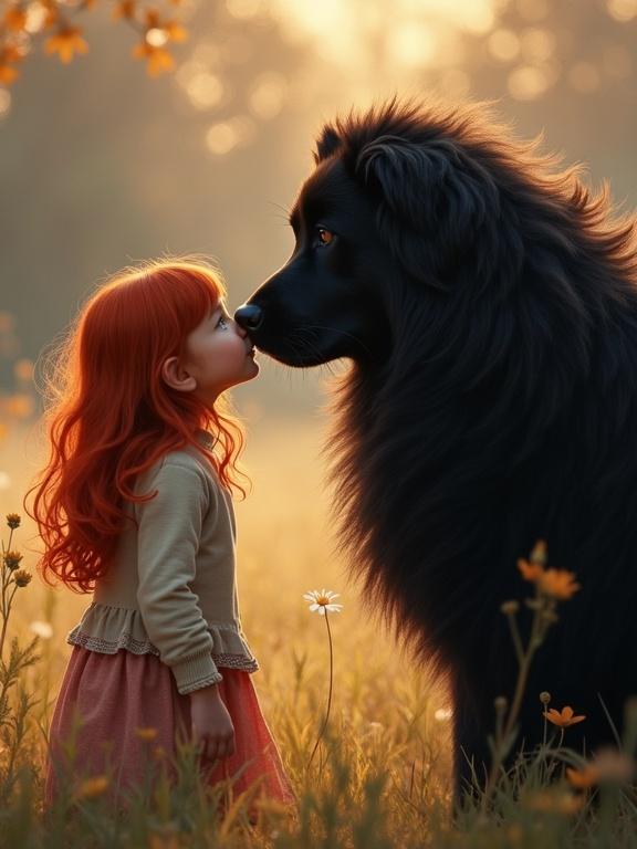 A young girl with red hair interacts with a large shaggy black dog in a beautiful outdoor setting. They share a loving moment surrounded by flowers in soft lighting. The scene captures warmth and companionship.