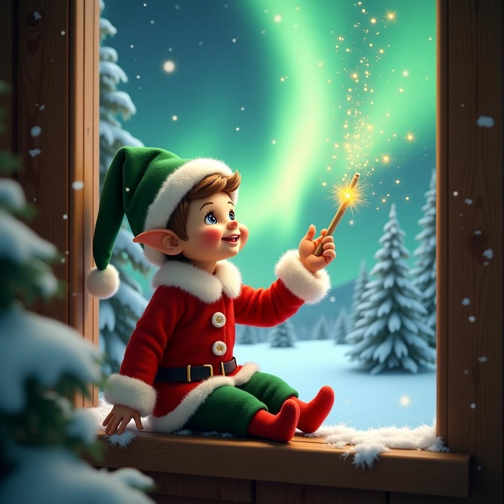 An adorable elf in green and red sits on a window ledge. The elf uses a magical wand to create twinkling sparks while looking at northern lights. The background features a winter wonderland with snow-covered pine trees. The scene conveys a festive holiday feel with enchanting colors.