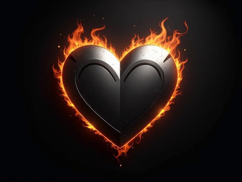 Create a minimalist logo design featuring a burning heart with a metallic look, resembling the logos of luxury automobile manufacturers. The heart is stylized with clean, elegant lines, giving it a high-quality emblem appearance made from polished chrome or brushed metal. Integrate sharp, dynamic shapes for the flames to convey an illusion of heat and movement. Additionally, include the existing tattooed inscriptions as engravings or raised reliefs on the heart, ensuring that they remain unchanged and seamlessly integrated into the metal design. The background should be dark or subtly reflective to enhance the metallic shine, creating a modern, sophisticated, and powerful overall effect.