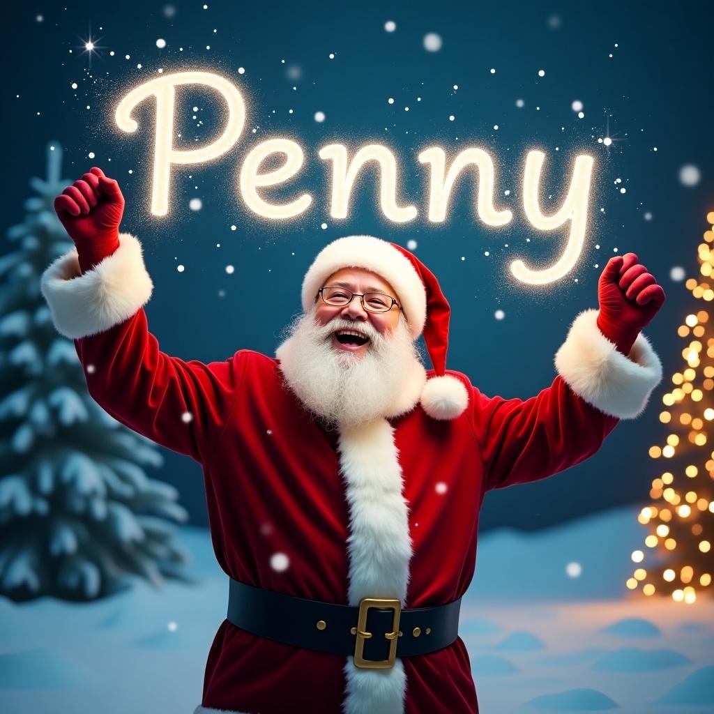 A cheerful Santa Claus is joyfully celebrating in a snowy winter setting. He is wearing a classic red suit with white fur trim and his iconic red hat. Santa is raising his arms in excitement as he writes the name 'Penny' in sparkling lights in the air. The backdrop features a beautifully decorated Christmas tree and softly falling snow. The overall atmosphere is warm and festive, perfect for spreading holiday cheer.