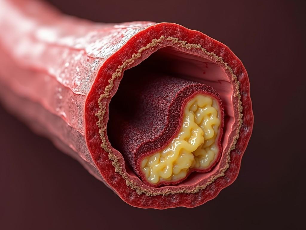 This image presents an intricate view of a human artery cross-section, highlighting the layers and accumulation of cholesterol within. The interior is filled with a yellowish substance, representing plaque buildup, which contrasts against the reddish-brown, textured exterior of the arterial wall. The close-up perspective reveals the biological complexity and detail of the vascular structure, potentially serving as a medical or educational illustration.