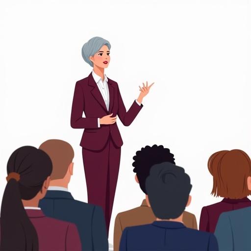 Illustration features adult female with short grey hair in business attire. Speaker stands confidently in front of a diverse audience. Speaker gestures with arm to the side. Background is transparent. Use a rich color palette throughout.