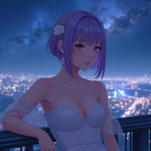 Beautiful anime lady with calm expression. Straight violet hair in a bob cut. White rose hairpin. Elegant evening dress with sheer floral embroidery. Scenic overlook at night with a starry sky. City lights twinkling below. Soft ambient lighting.