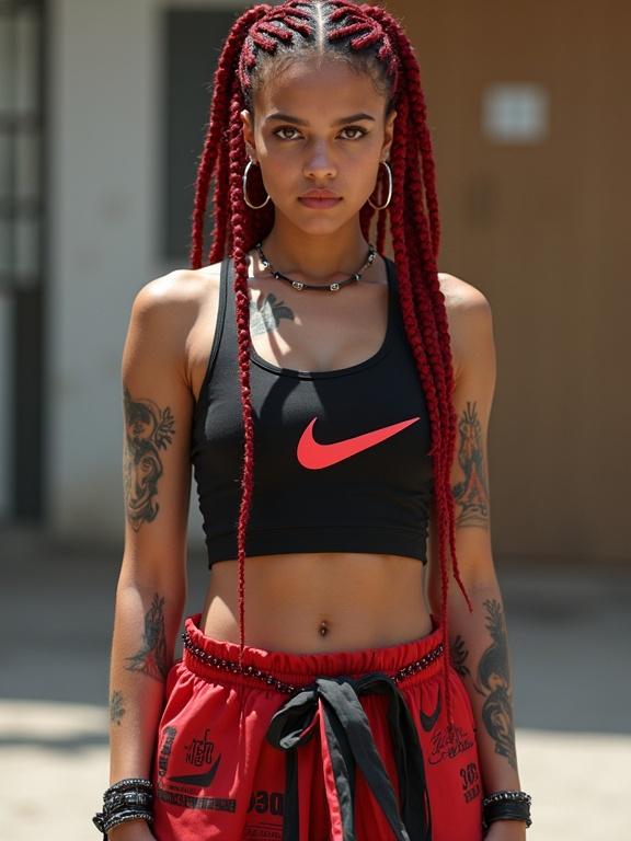 A girl with red-black braids wearing a black crop top and red pants. She has tattoos and wears Nike Air Max shoes. The background shows an urban setting.
