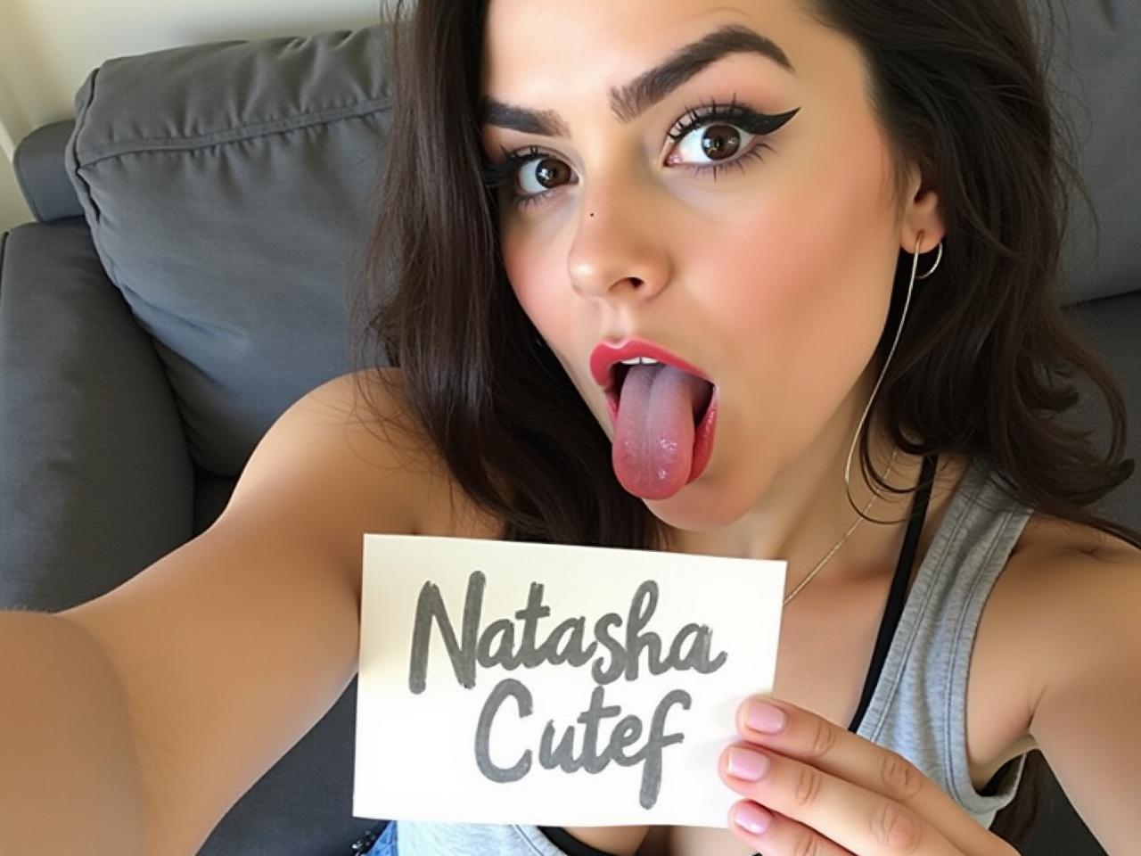 A young woman is taking a selfie, playfully sticking her tongue out. She has long, dark hair and bold makeup with well-defined eyebrows. The background shows a grey couch, providing a casual setting. In her hand, she is holding a piece of paper that has the phrase 'Natasha Cutef' written on it in black and grey, with a handwritten style. The overall vibe is fun and lighthearted.