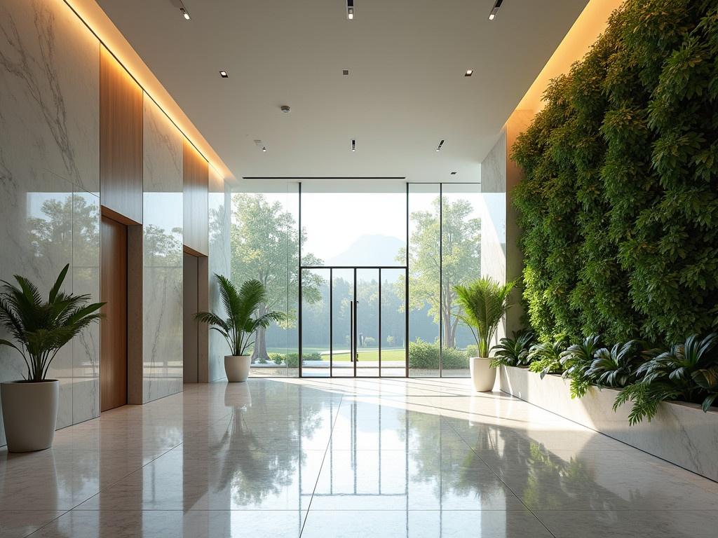 This image features a modern lobby with large glass walls and doors, allowing plenty of natural light to enter the space. The flooring is made of polished marble that reflects the light beautifully, creating an elegant atmosphere. To the right, there is a vertical garden with lush green plants, adding a touch of nature to the contemporary design. Soft lighting fixtures line the ceiling, enhancing the sleek aesthetic. The overall design is minimalist, with clean lines and a spacious layout, inviting guests to relax and enjoy their surroundings.