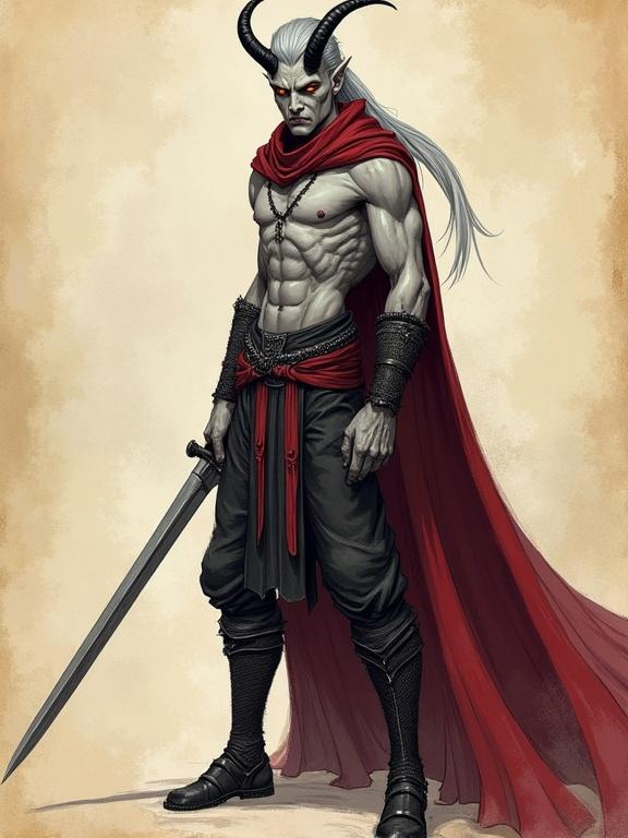 Tall male tiefling paladin with ash-gray skin and amber eyes. Long silver hair in high ponytail, sleek black horns. Stern expression with scars on cheekbones. Wears a dark crimson cloak, noble stance, holds long sword. Matte shading, artistic style, ancient parchment background.