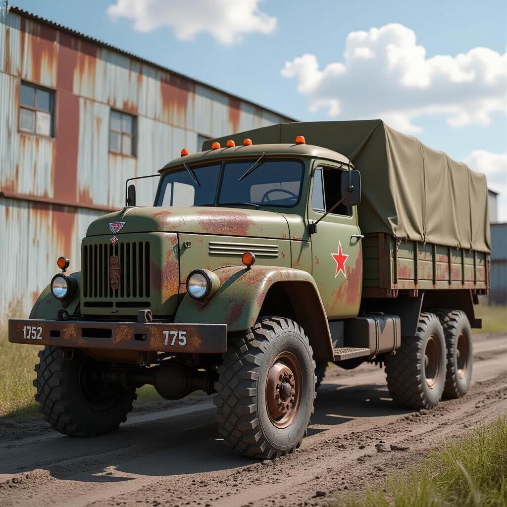 A massive vintage military ZIL-157 truck parked on a dirt road. The truck is in a rusted condition with a green and brown camouflage color scheme. The truck has a military tarp covering its cargo area. Background features old industrial buildings with peeling paint. The scene is under a partly cloudy sky with soft natural lighting.