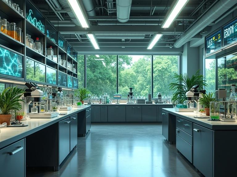Futuristic biology laboratory interior. Clean and well-lit space. High-tech equipment like microscopes, beakers, DNA models. Petri dishes and test tubes in racks. Glowing digital screens with molecular structures. Stainless steel counters. Green plants for natural touch. Large window showing green forest. Empty lab ambiance. Realistic style and high resolution for background.