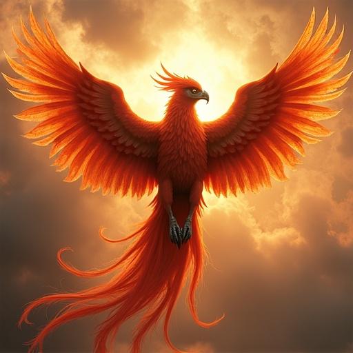 Phoenix with stretched wings surrounded by flames in a dramatic sky