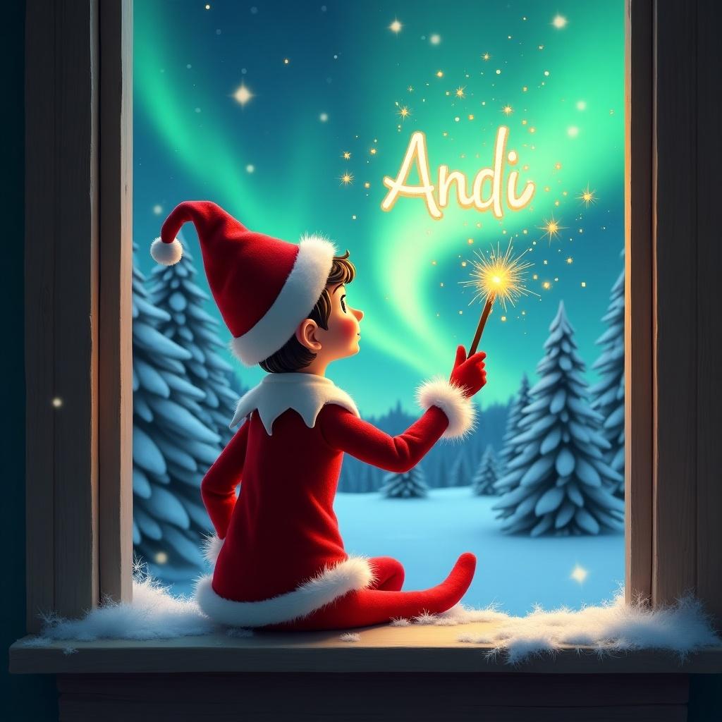 The image features an adorable elf on the shelf sitting on a window ledge, with his back turned to the viewer. He is using a magical wand to create twinkling sparks while looking up at a stunning display of northern lights. The background is set in a winter wonderland, filled with snow-covered pine trees, conjuring a festive holiday feel. Dressed in a vibrant red outfit with white trim, the elf embodies the Christmas spirit. The scene is illuminated by the enchanting colors of the aurora borealis, enhancing the magical ambiance. The name 'Andi' is drawn in the sky.