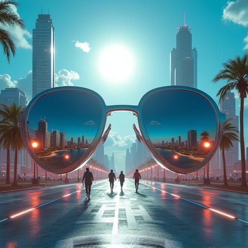 Surreal futuristic city built from giant sunglasses. Skyscrapers shaped like stacked sunglasses. Roads paved with glass frames. Streetlights resembling aviator sunglasses. Massive sun casting highlights. People walk in oversized glowing sunglasses. Floating sunglasses-shaped vehicles fly. Bright blue sky with cloud shapes resembling eyes. Slow-motion reveals lens reflections of beaches and palm trees.